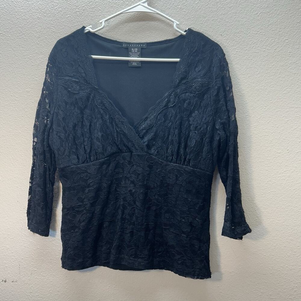 90s Y2K‎ Fairy Grunge Apostrophe Black Lace Faux Wrap Top Size XL Whimsigoth